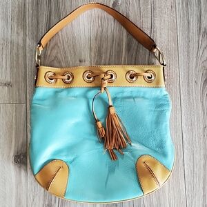Michael Kors Leather Aqua/Tan Hobo Tote Shoulder Bag, Gold Hardware, Gently Used